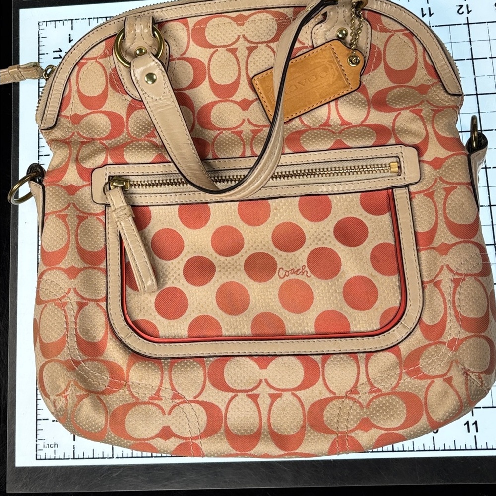 Coach Hallie Pink and Cream Polka dots and Signature C logo leather 2 way Bag. - Picture 2 of 12